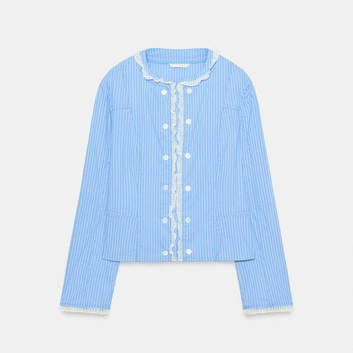 Damen Cropped gestreifte Baumwoll‑Blusenjacke mit Spitzenbesatz und doppelter Knopfleiste Drune