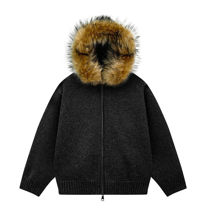 Damen Strick-Bomberjacke mit Kapuze und abnehmbarem Kunstfellbesatz Drune