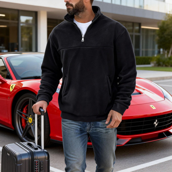 Herren warmer Fleece-Halbzip-Pullover mit Stehkragen, Kängurutasche und Relaxed Fit Drune