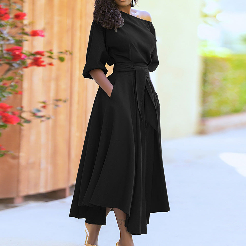 Damen Elegantes Maxi-Kleid mit schulterfreiem Design und Gürtel Drune