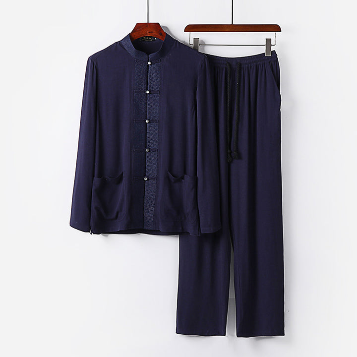Herren Traditionelles Baumwoll-Loungewear-Set mit Stehkragen Knotenknöpfen und Kordelbundhose Drune