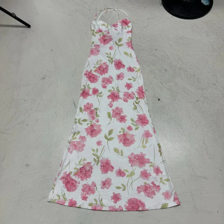 Damen elegantes Maxikleid mit zartem Blumenmuster und Spaghettiträgern Drune