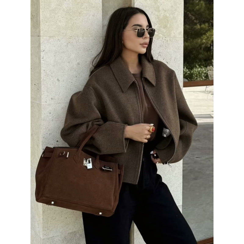 Damen Oversized Fleecejacke mit Reißverschluss und Hemdkragen Drune