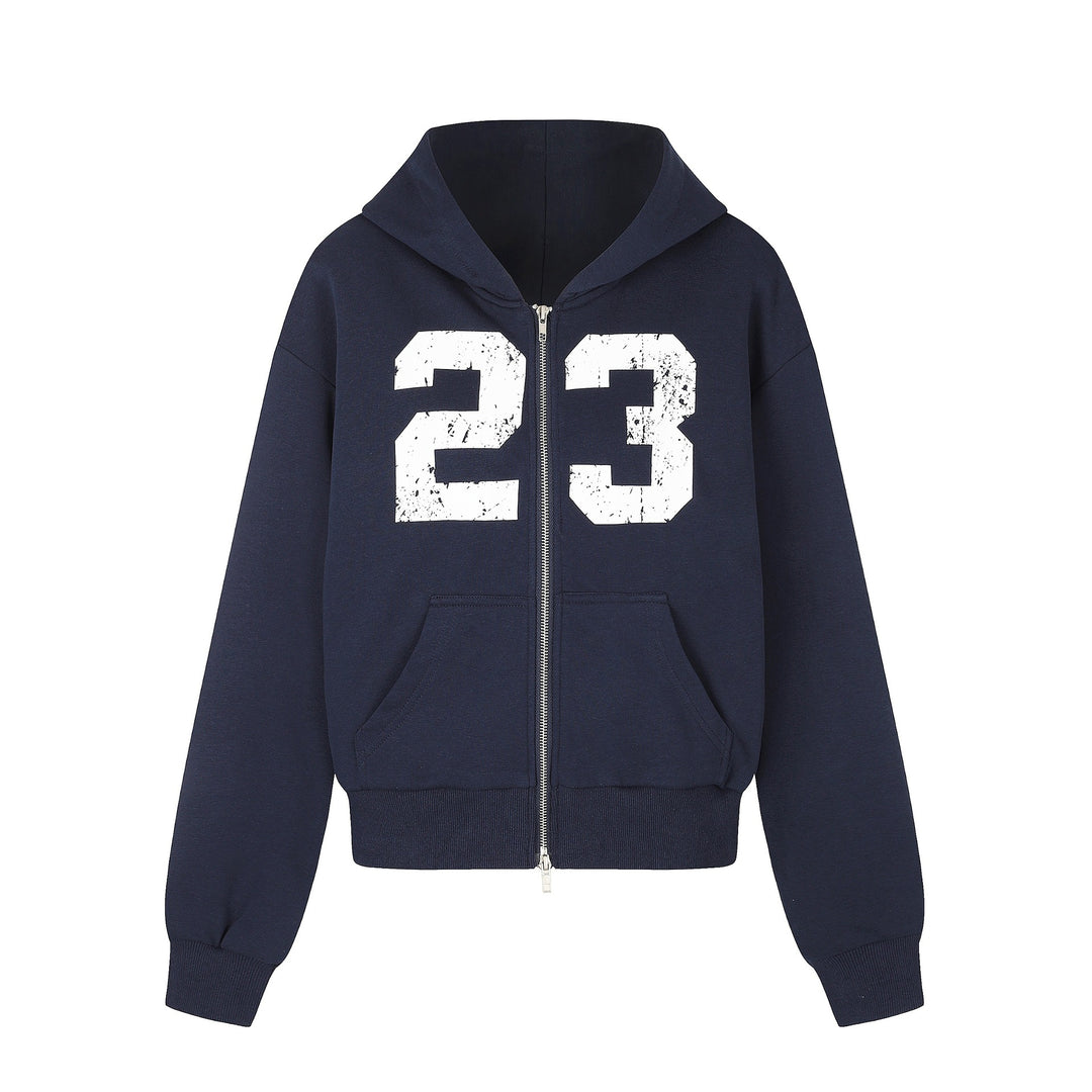 Damen Zip‑Hoodie im Boxy‑Schnitt mit Kängurutasche und Nummernprint Drune