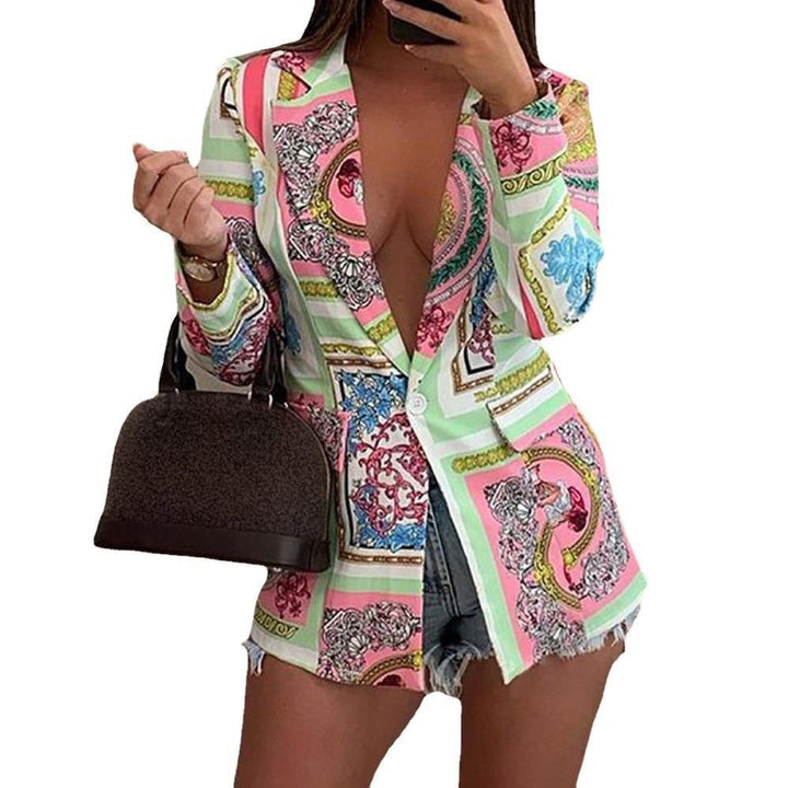 Damen Gemusterter Longline-Blazer mit Ein-Knopf-Verschluss und Seidentuch-Print Drune