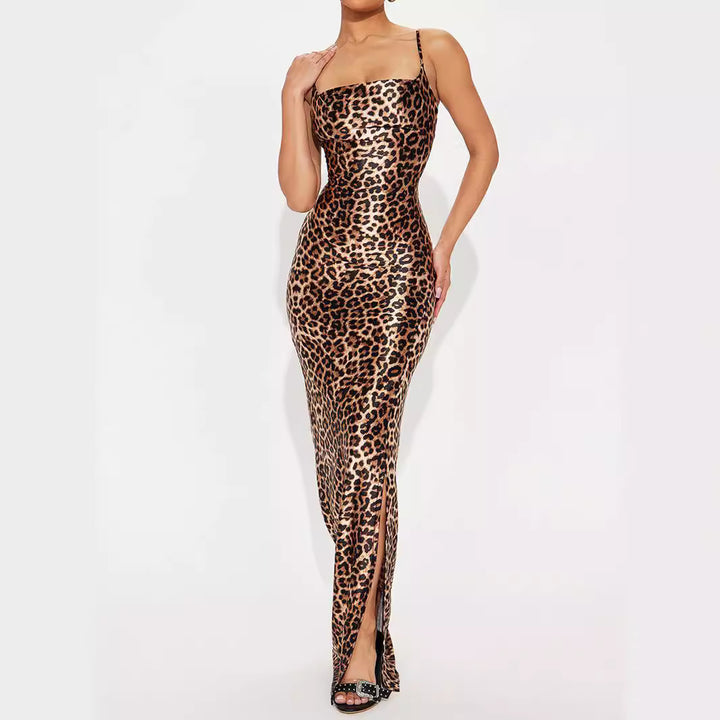 Damen figurbetontes Maxikleid mit Leopardenmuster und hohem Schlitz Drune