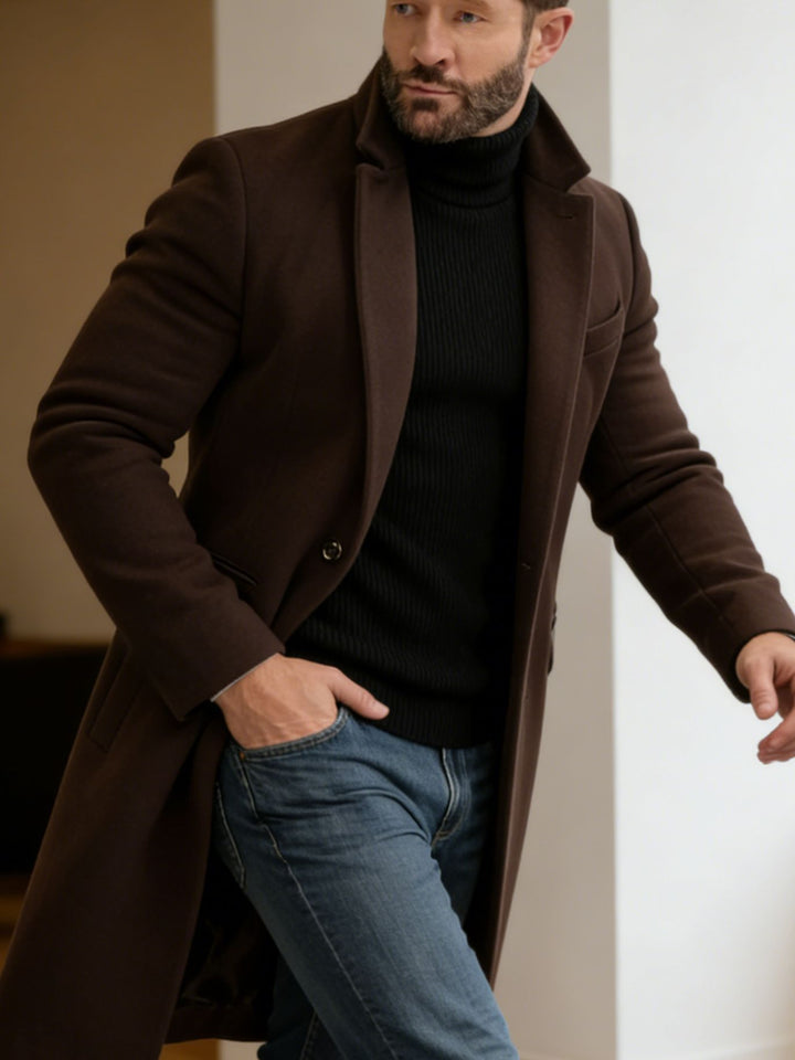 Herren Langer taillierter Wollmantel mit Reverskragen und Pattentaschen Drune