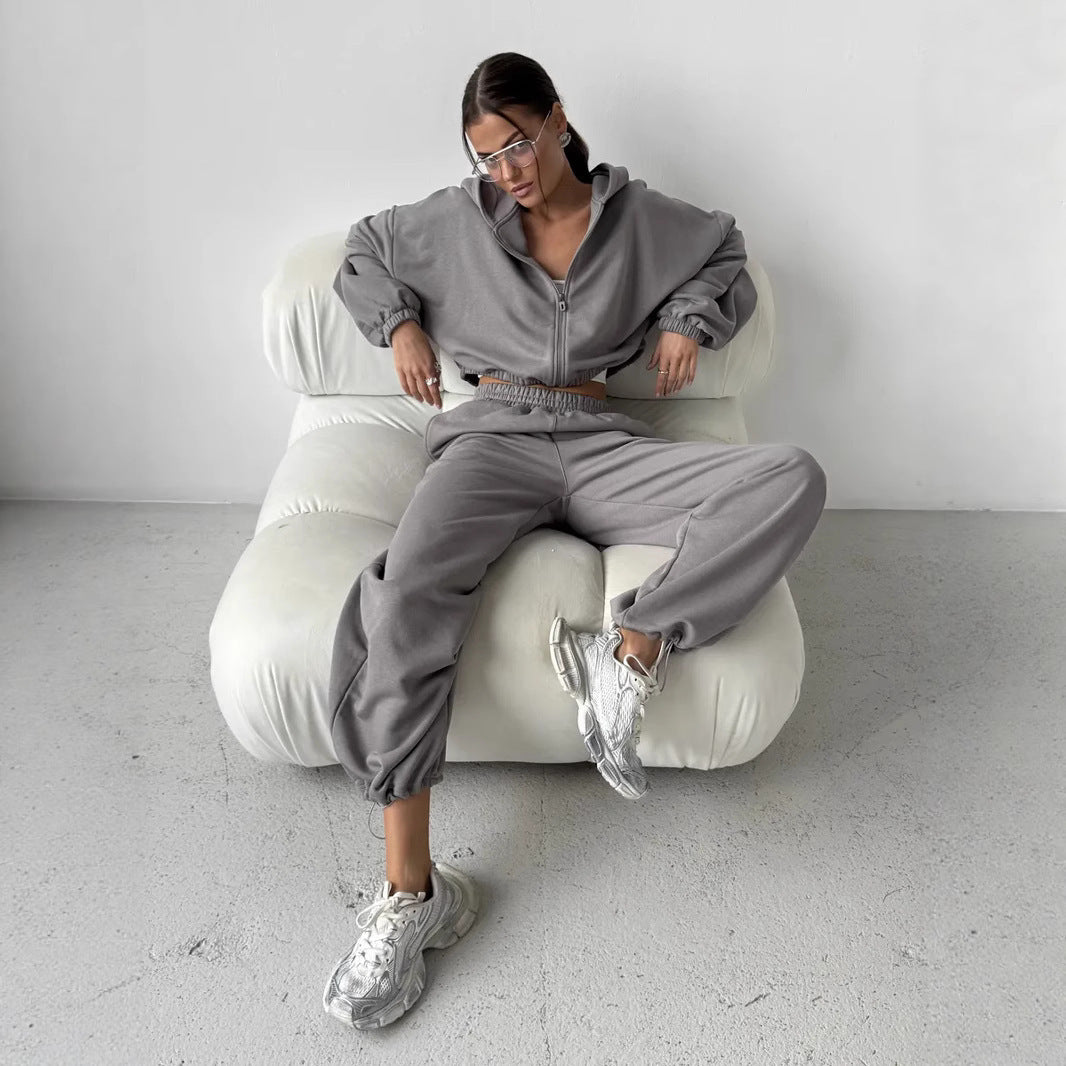 Damen Lounge-Set Cropped-Zip-Hoodie mit Oversize-Ärmeln und High-Waist Palazzo-Jogger Drune