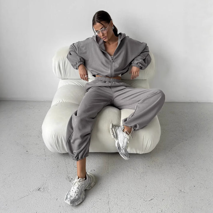 Damen Lounge-Set Cropped-Zip-Hoodie mit Oversize-Ärmeln und High-Waist Palazzo-Jogger Drune
