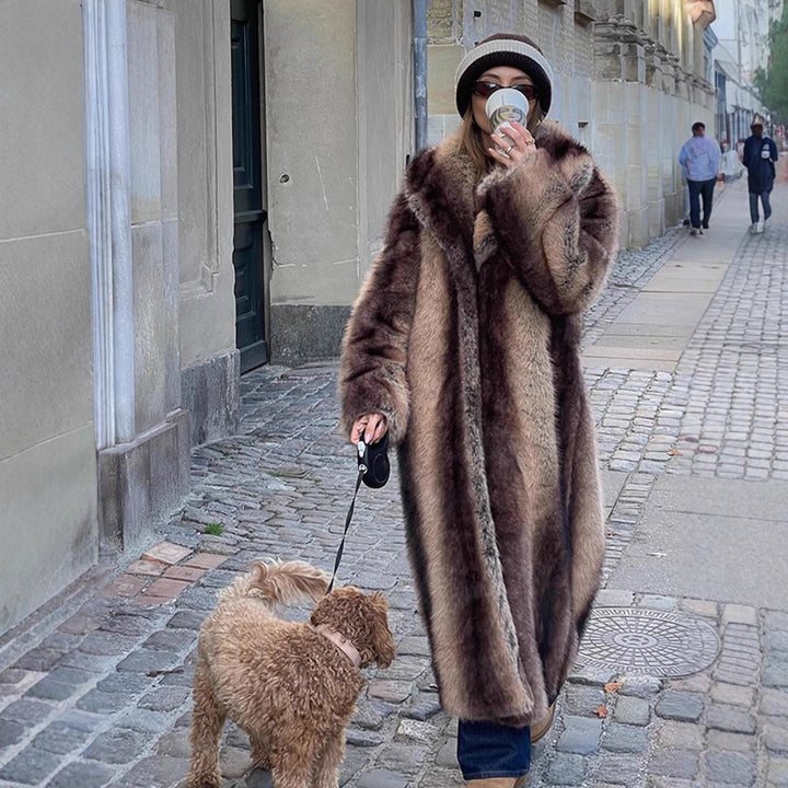 Damen Maxilanger Oversize Kunstfellmantel mit Vintage-Schnitt und weitem Reverskragen Drune