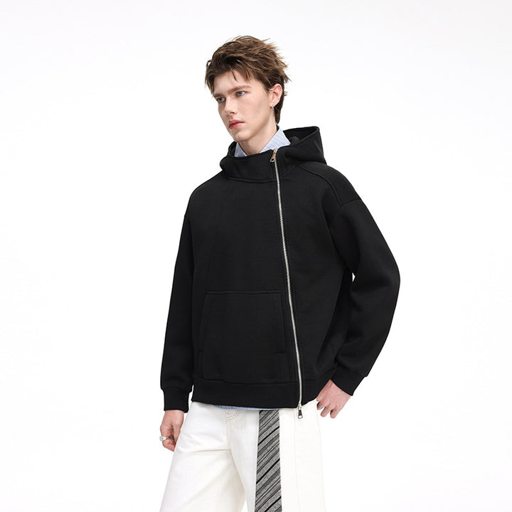 Unisex Asymmetrischer Kapuzenpullover mit hohem Kragen, diagonalem Reißverschluss und Kängurutasche Drune