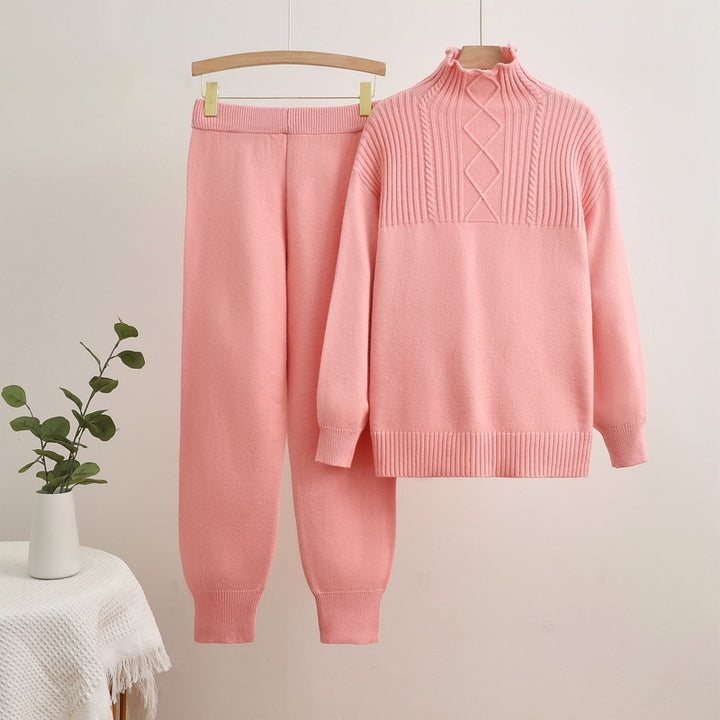 Damen gemütliches Strick-Loungewear-Set mit hohem Kragen und Rippstruktur Drune
