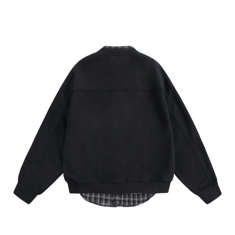 Herren Oversize-Sweatjacke im College‑Stil mit verdeckter Druckknopfleiste und kariertem Innenfutter Drune