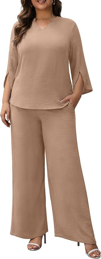 Damen Elegantes Zweiteiliges Palazzo-Set mit V‑Ausschnitt und geschlitzten 3/4‑Ärmeln Drune