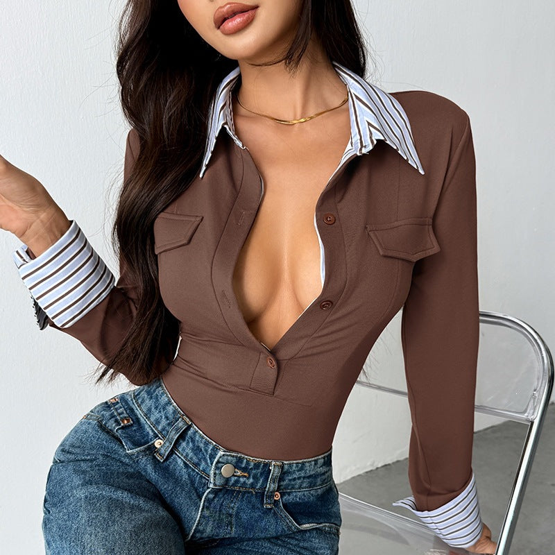 Damen Elegantes langärmliges Body mit Hemdkragen und Knopfdetails Drune