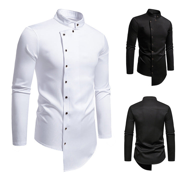 Herren elegantes Langarm-Hemd mit modernem Stehkragen und asymmetrischem Schnitt Drune