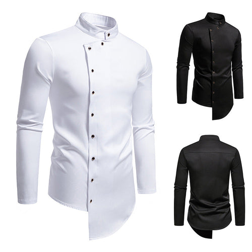 Herren elegantes Langarm-Hemd mit modernem Stehkragen und asymmetrischem Schnitt Drune
