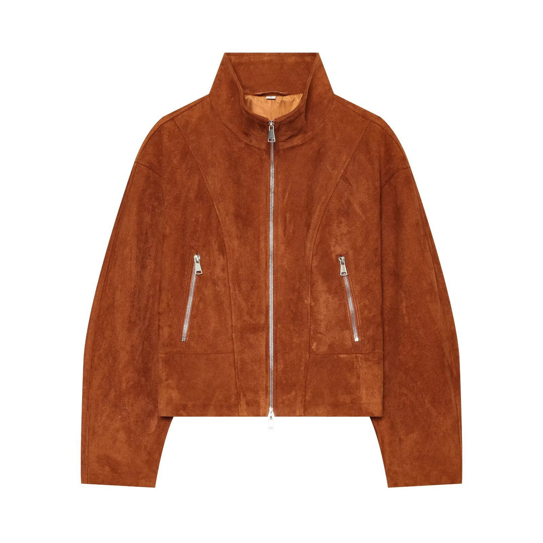 Damen Kurzgeschnittener Wildleder-Blouson mit Stehkragen und Reißverschluss Drune