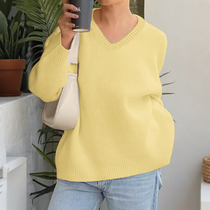 Damen nan oversized V-Ausschnitt Feinstrickpullover mit überschnittener Schulter, langen Kimonärmeln und breitem Rippbund Drune