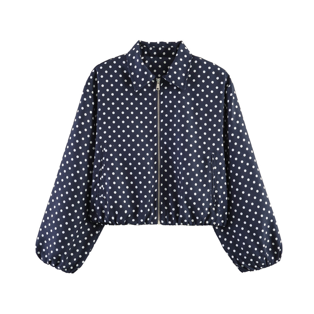 Damen Kurzjacke im Harrington‑Stil mit Polka‑Dot‑Muster, Ballonärmeln und elastischem Saum Drune