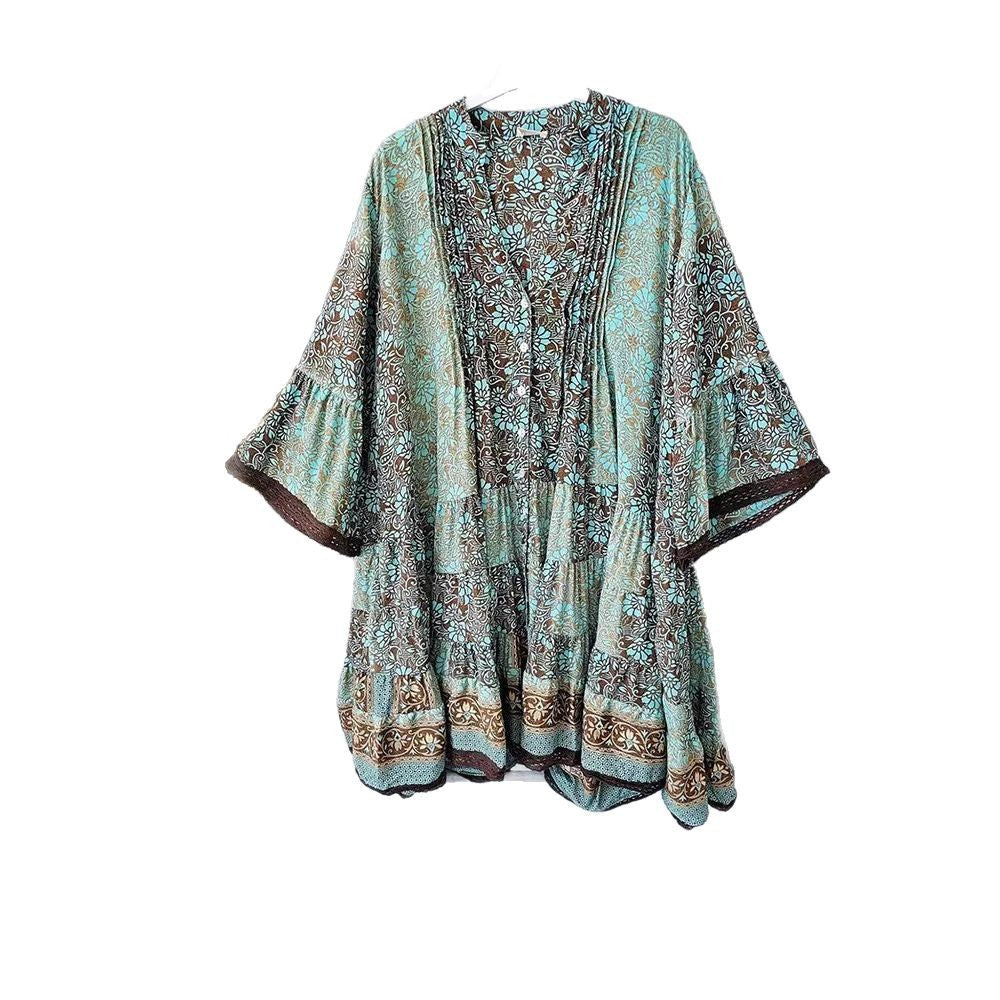Damen nan luftiges Boho-Stufenkleid mit V-Ausschnitt weiten Fledermausärmeln und Spitzenbordüre Drune
