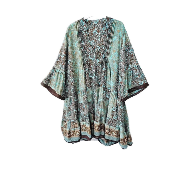 Damen nan luftiges Boho-Stufenkleid mit V-Ausschnitt weiten Fledermausärmeln und Spitzenbordüre Drune