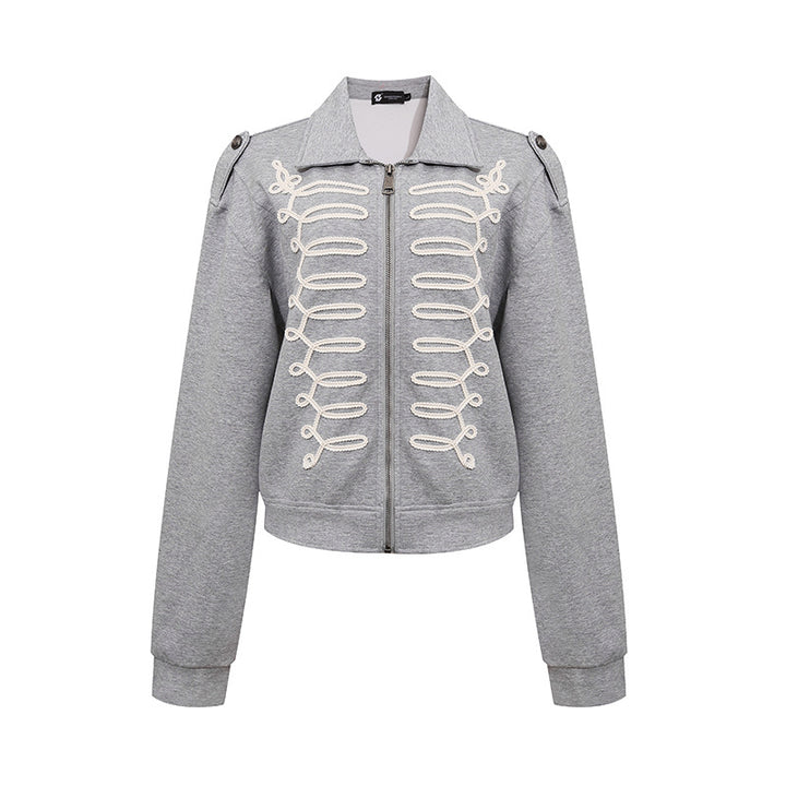 Damen Sweatjacke mit dekorativer Zierkordel, Reißverschluss und Schulterpatten Drune