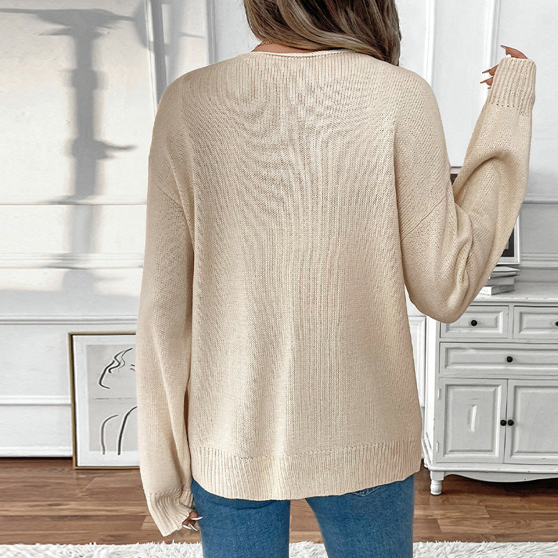 Damen Lässiger Strickpullover mit dreifacher Schnürfront, Rundhalsausschnitt und Oversize-Silhouette Drune