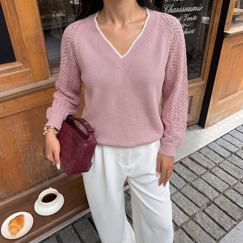 Damen V-Ausschnitt Strickpullover mit Jacquard-Muster Drune