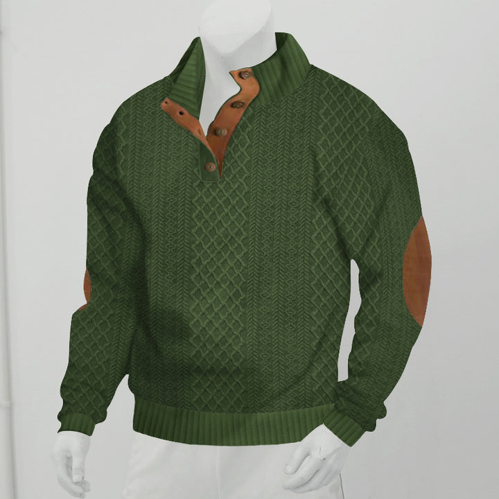 Herren Strukturiertes Zopfmuster-Henley-Pullover mit Lederbesatz an Ellbogen & Knopfleiste Drune