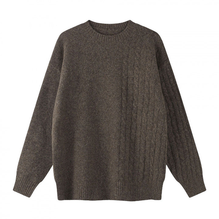 Unisex Oversize Feinstrickpullover mit Zopfmuster-Detail und Rundhalsausschnitt Drune
