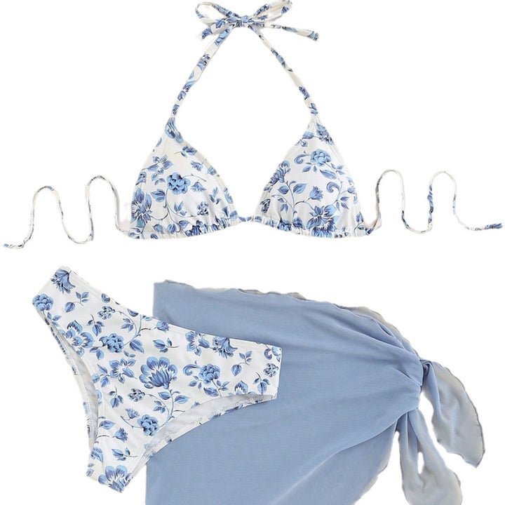 Damen Triangel-Bikini-Set mit romantischem Blumenmuster und eleganter Pareo Drune