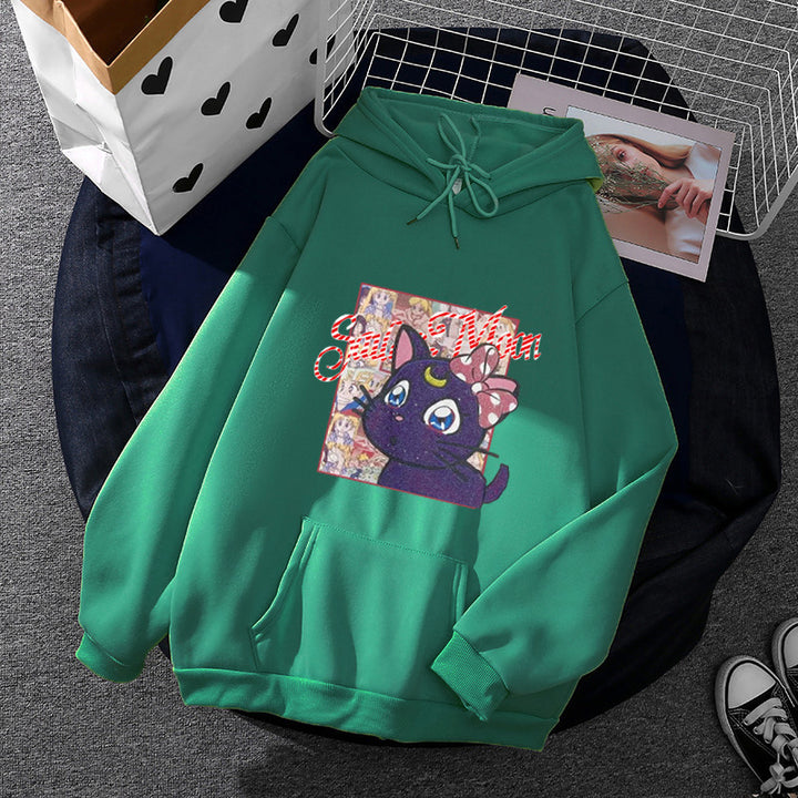 Damen nan Oversize-Kapuzenpullover mit glitzerndem Anime-Katzen-Motiv, Kängurutasche und weichem Fleece-Innenfutter Drune