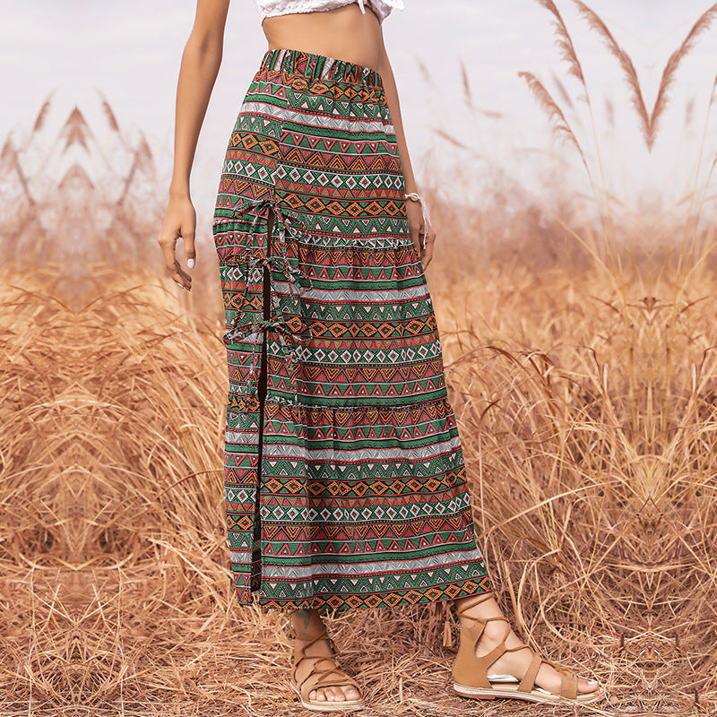 Damen Maxi-Stufenrock mit elastischem Taillenbund, seitlichen Knotendetails und Ethno-Print Drune