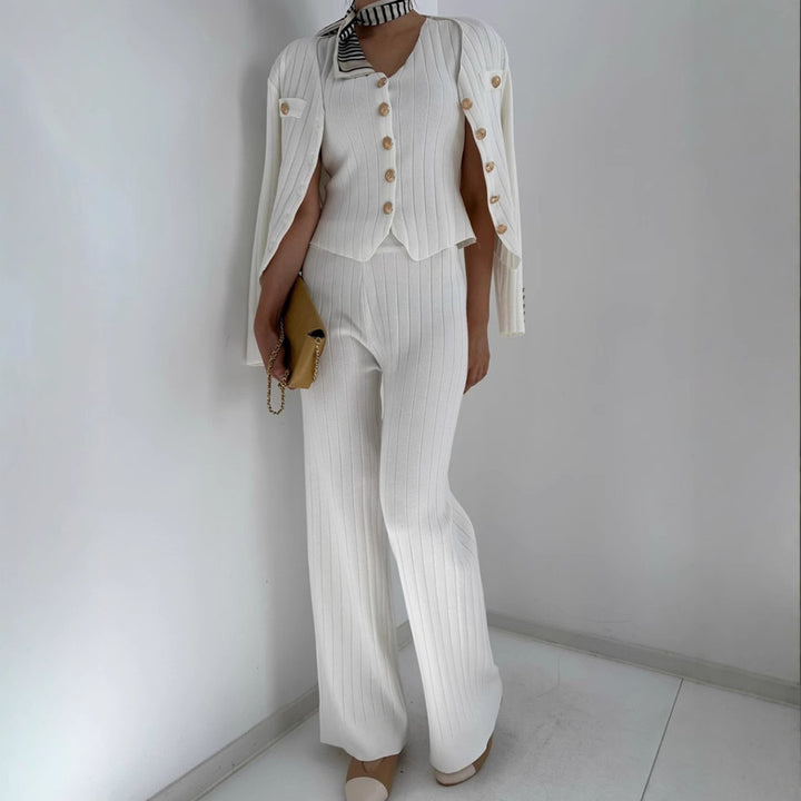 Damen elegantes gestricktes Ensemble mit Knopfdetaillierung Drune