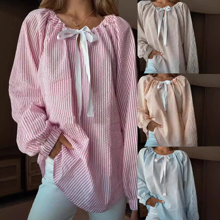 Damen Bluse mit elastischem Ausschnitt und Schleifenbindung Drune