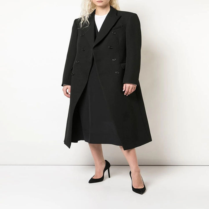 Damen Schmal geschnittener zweireihiger Wollmix‑Longcoat mit markanter Schulter Drune