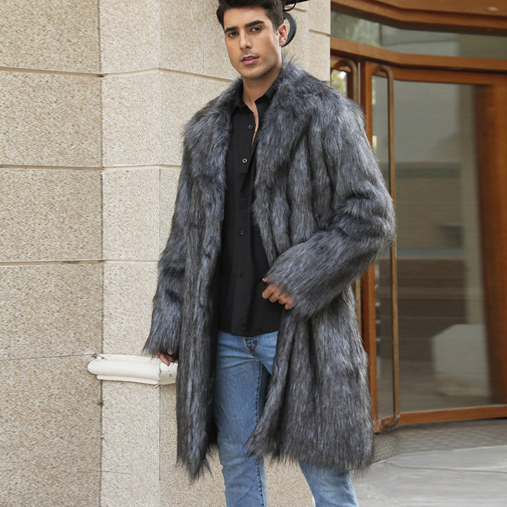 Herren Eleganter Kunstpelz-Mantel mit breitem Kragen und Relaxed Fit Drune