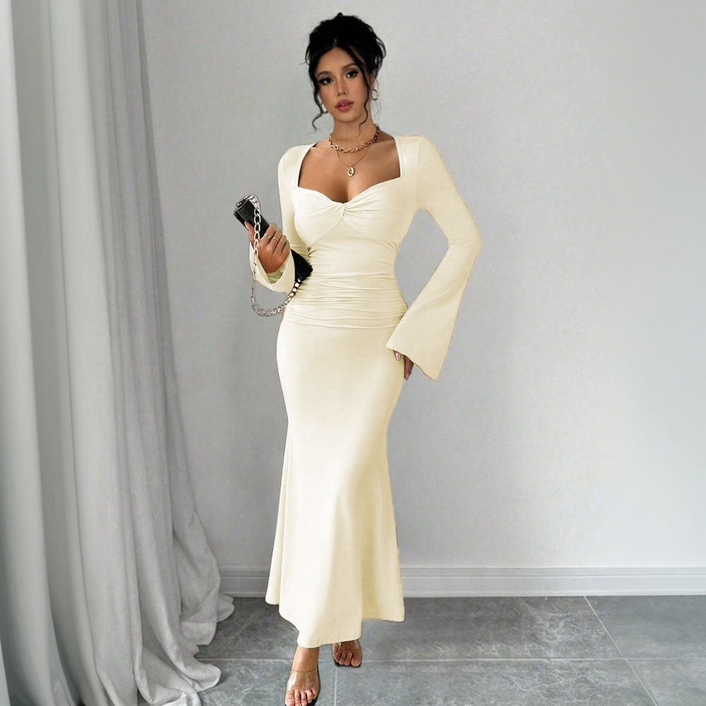 Damen Elegantes langärmliges Maxikleid mit tiefem V-Ausschnitt und schicker Raffung Drune