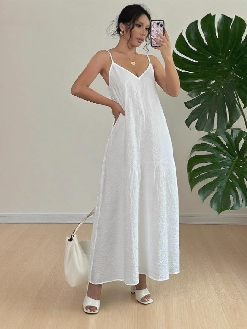 Drune | Damen Weiß Loose Idle Lange Slip Nachthemd Lässige Bequeme Oberbekleidung Hausbekleidung