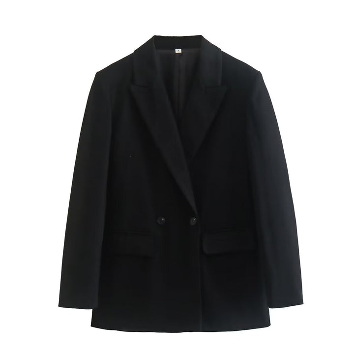 Damen nan figurbetonter zweireihiger Longblazer mit spitzem Revers leicht verlängertem Saum und Pattentaschen Drune