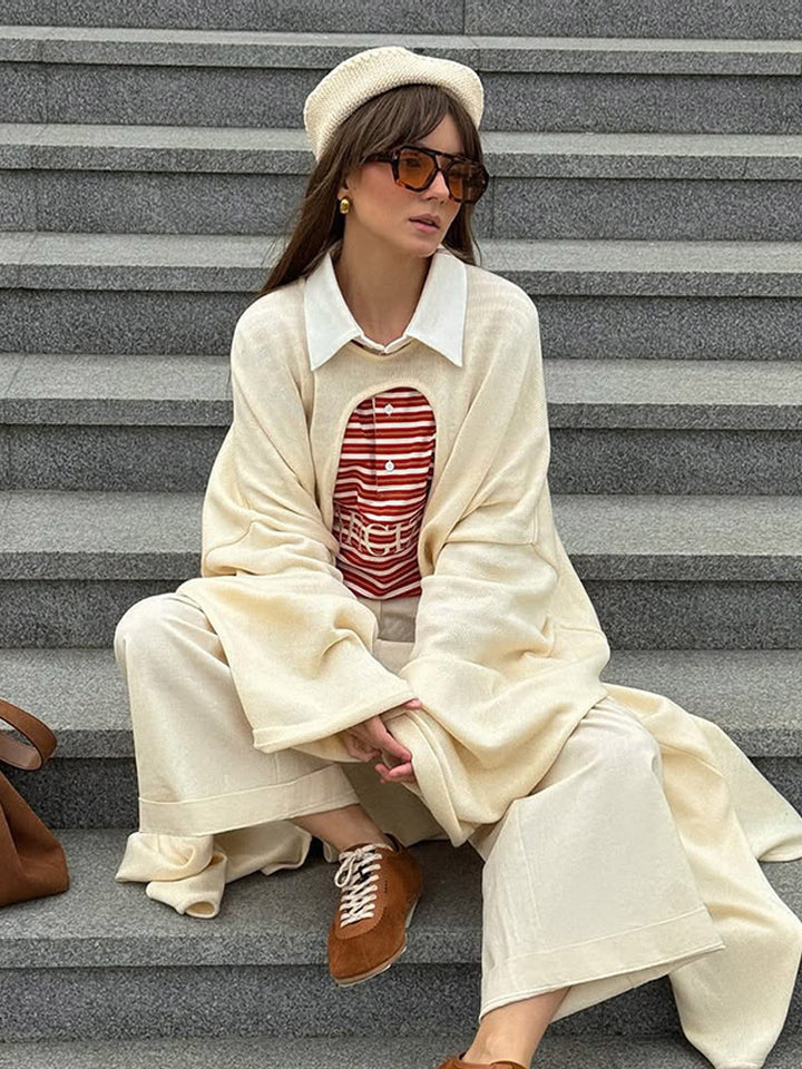 Damen Oversize Cape-Strickjacke mit weiten Trompetenärmeln und offenem Frontdesign Drune