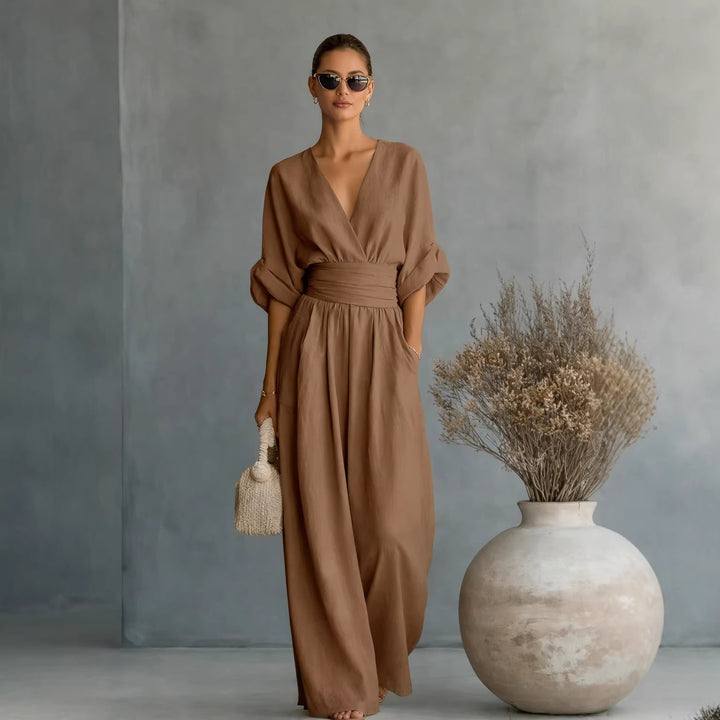 Damen Weit geschnittener Jumpsuit mit eleganten Drapierungen und V-Ausschnitt Drune