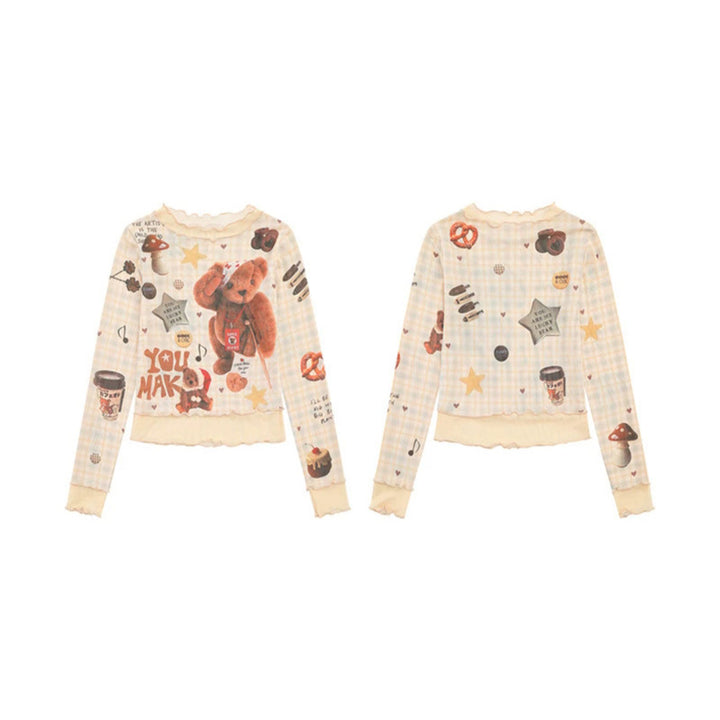 Damen Langarm Mesh-Top mit Teddy-Print und Lagenoptik Drune