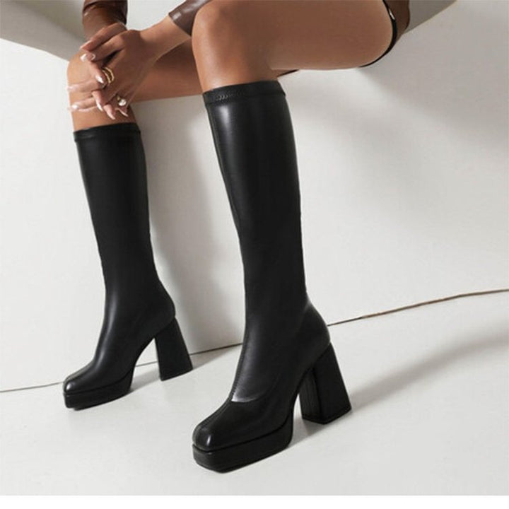 Damen kniehohe Plateaustiefel mit klobigem Blockabsatz und hochglänzender Lackoptik Drune