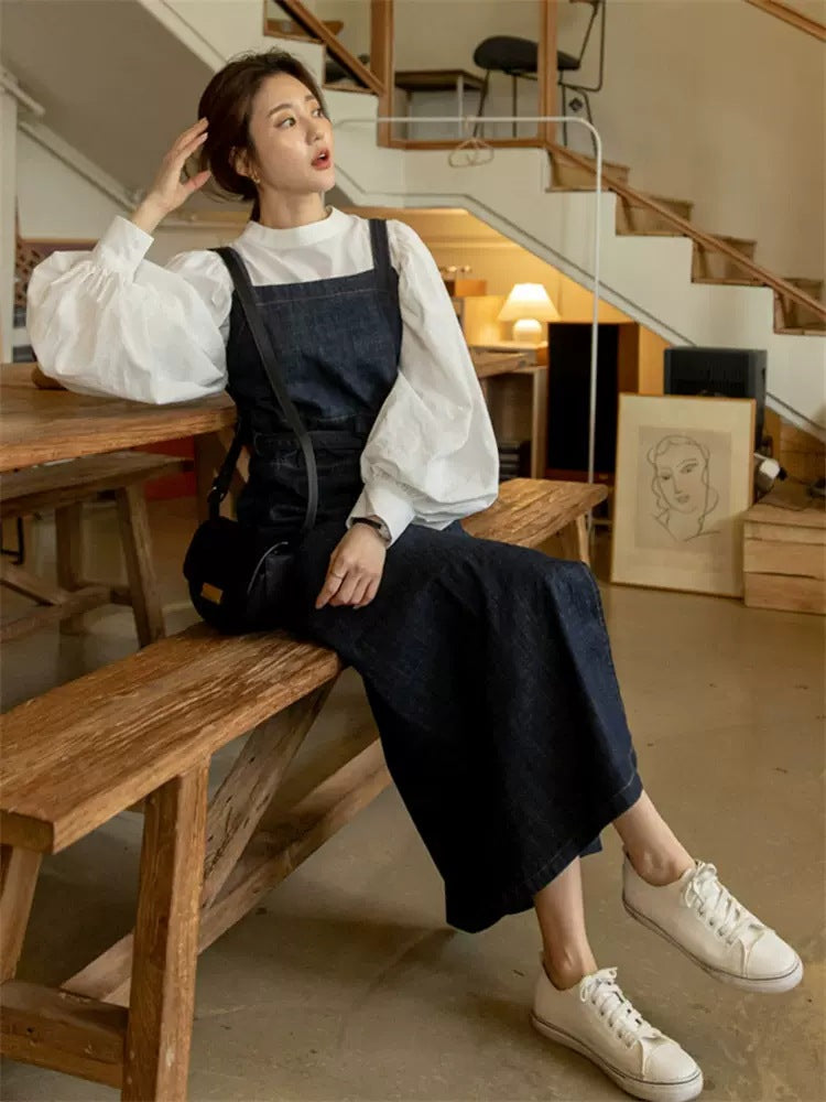 Damen Langes Jeans-Latzkleid mit eckigem Ausschnitt, Taillenband und vorderem Beinschlitz Drune