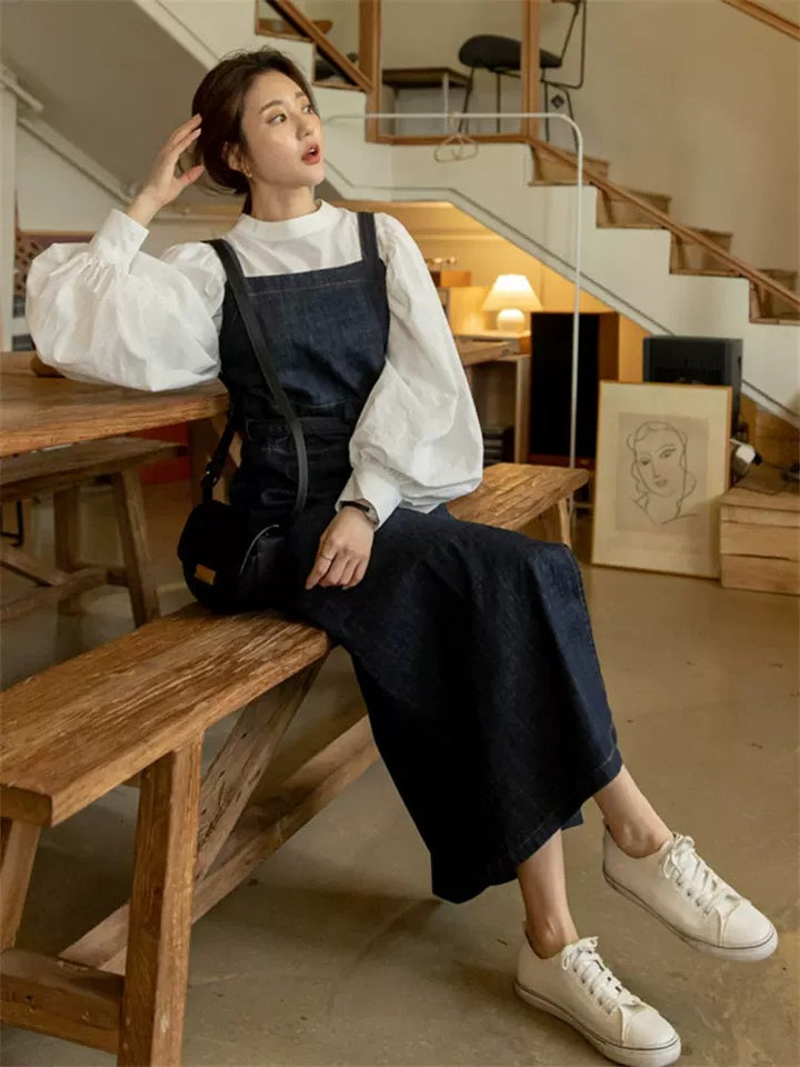 Damen Langes Jeans-Latzkleid mit eckigem Ausschnitt, Taillenband und vorderem Beinschlitz Drune