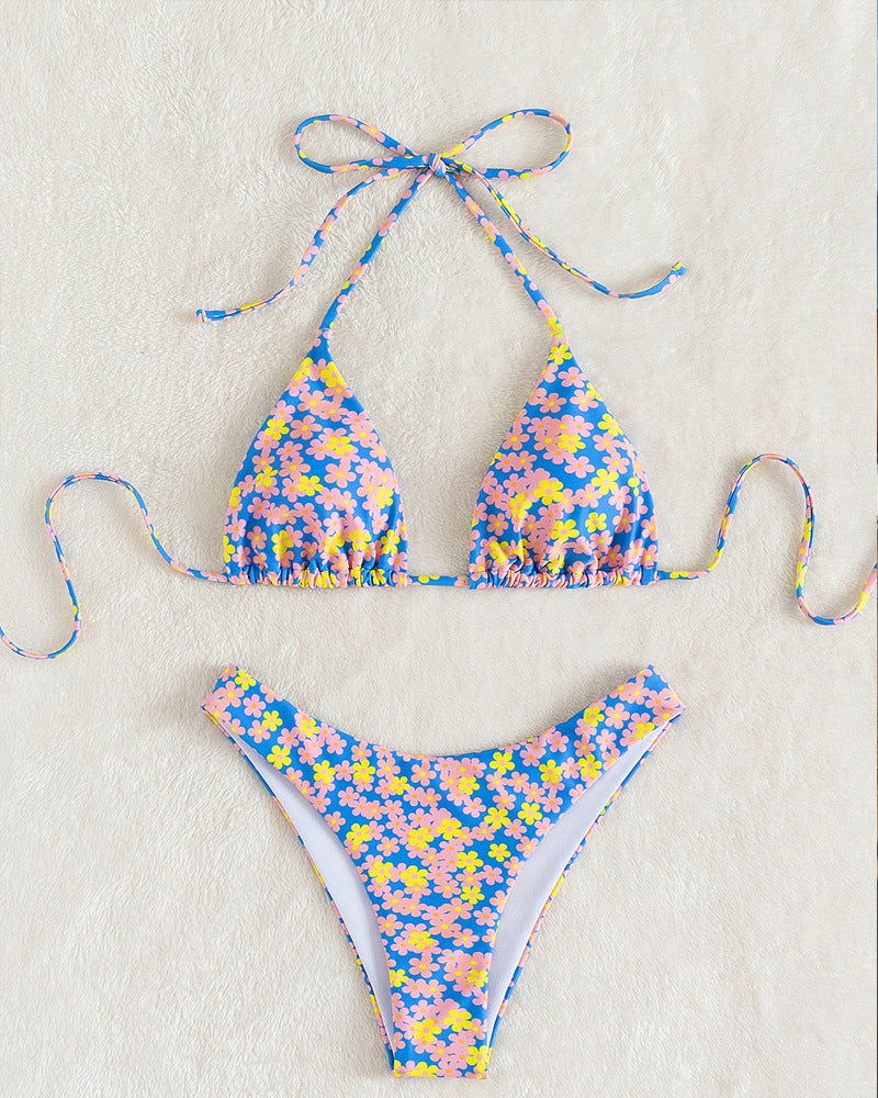 Damen Triangel-Bikini-Set mit floralem Muster und hohen Beinausschnitten Drune