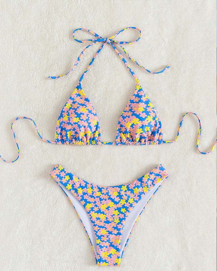 Damen Triangel-Bikini-Set mit floralem Muster und hohen Beinausschnitten Drune