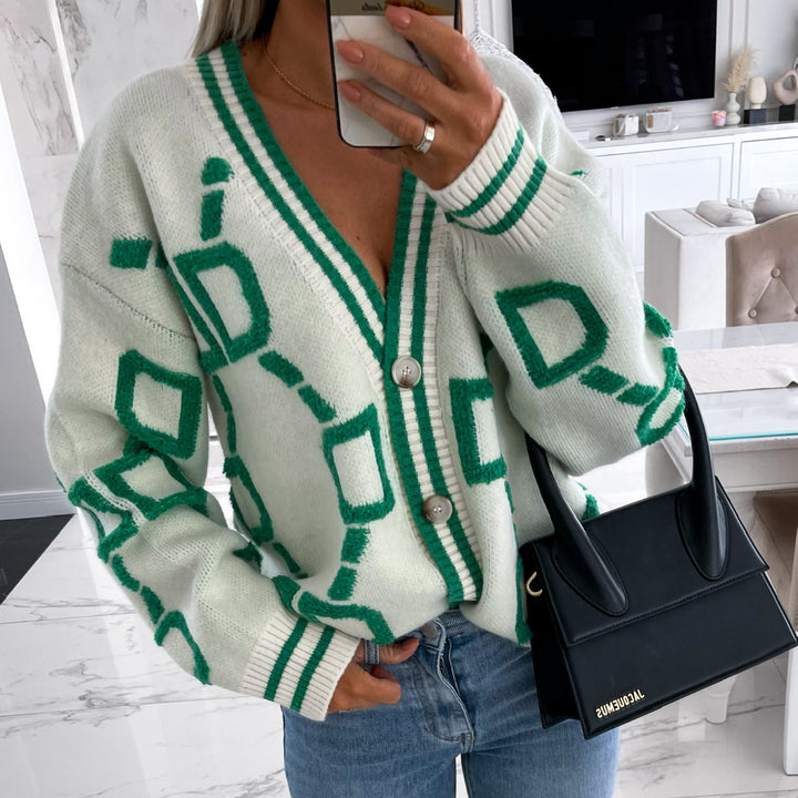 Damen Grobstrick-Cardigan mit 3D-Strukturmotiv, V‑Ausschnitt und Knopfleiste Drune